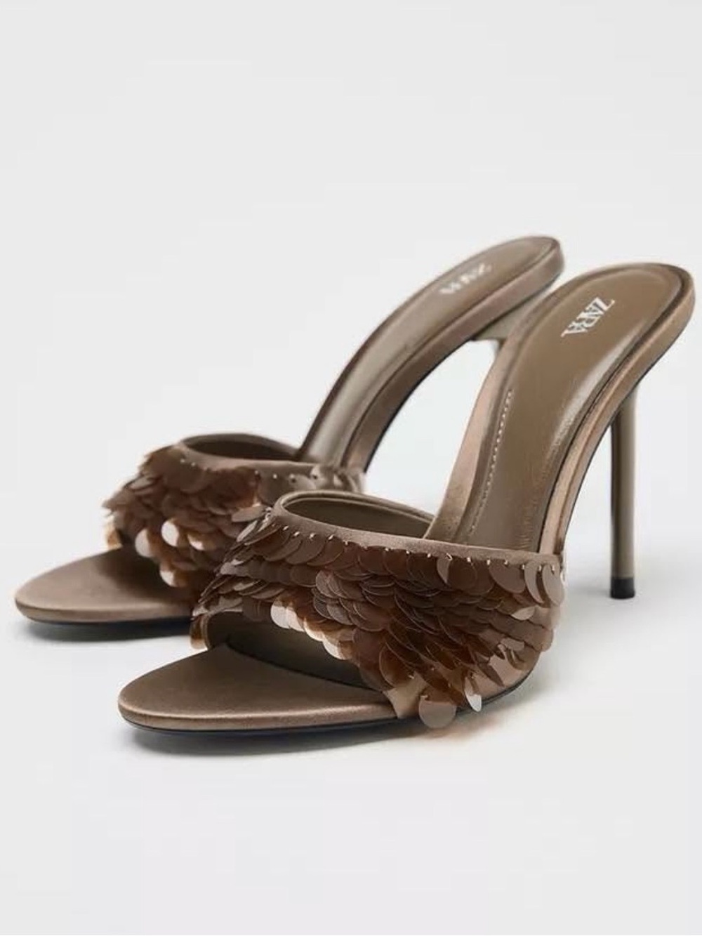 Zara Brown Sequin Slide Stiletto Heels